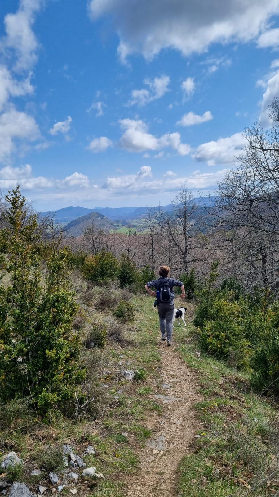 Woman walking with a dog in the mountains